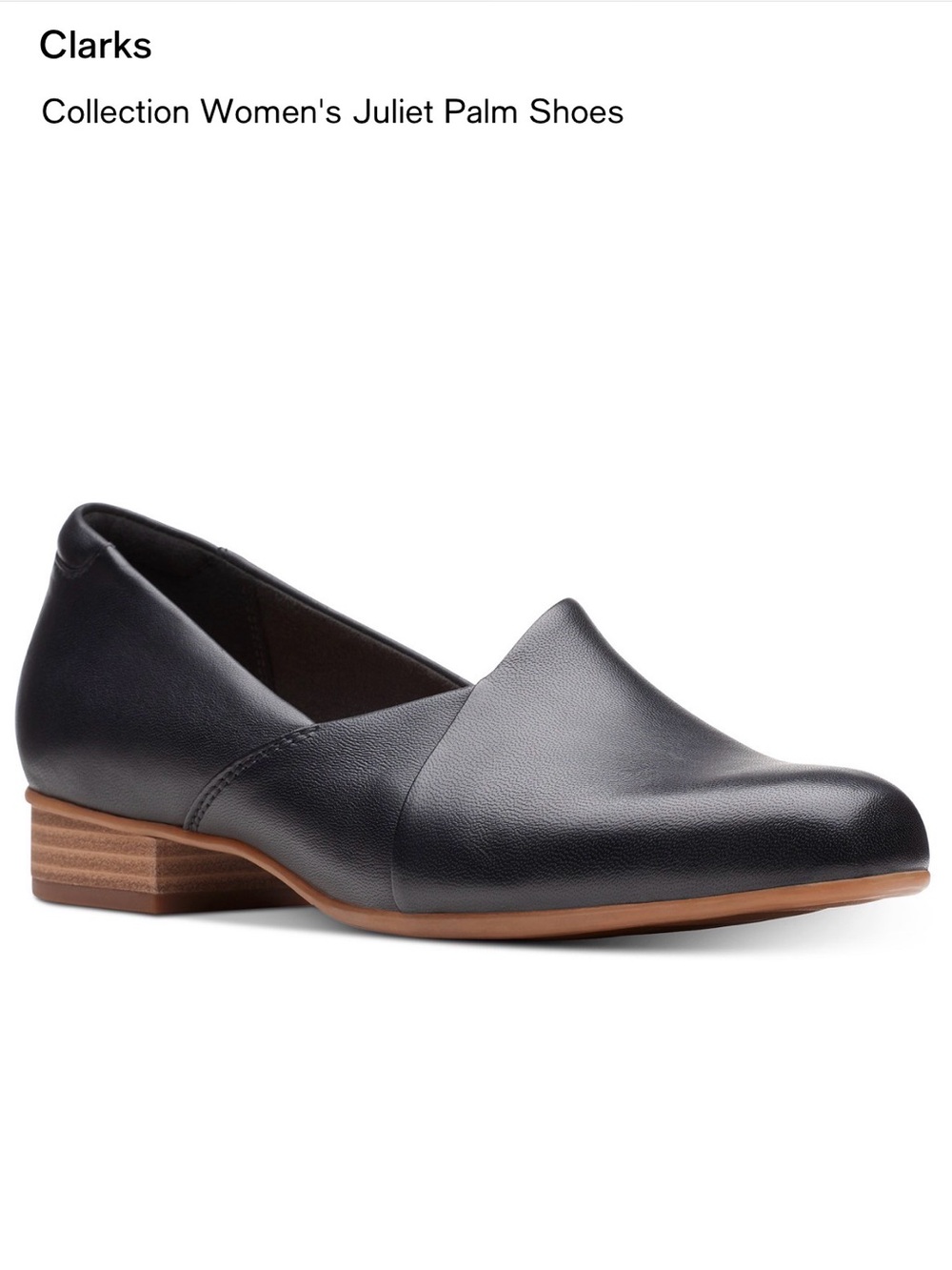 Clarks Women's Juliet Palm Black Leather Slip-On Loafers with Tan Heel sz 8 wide